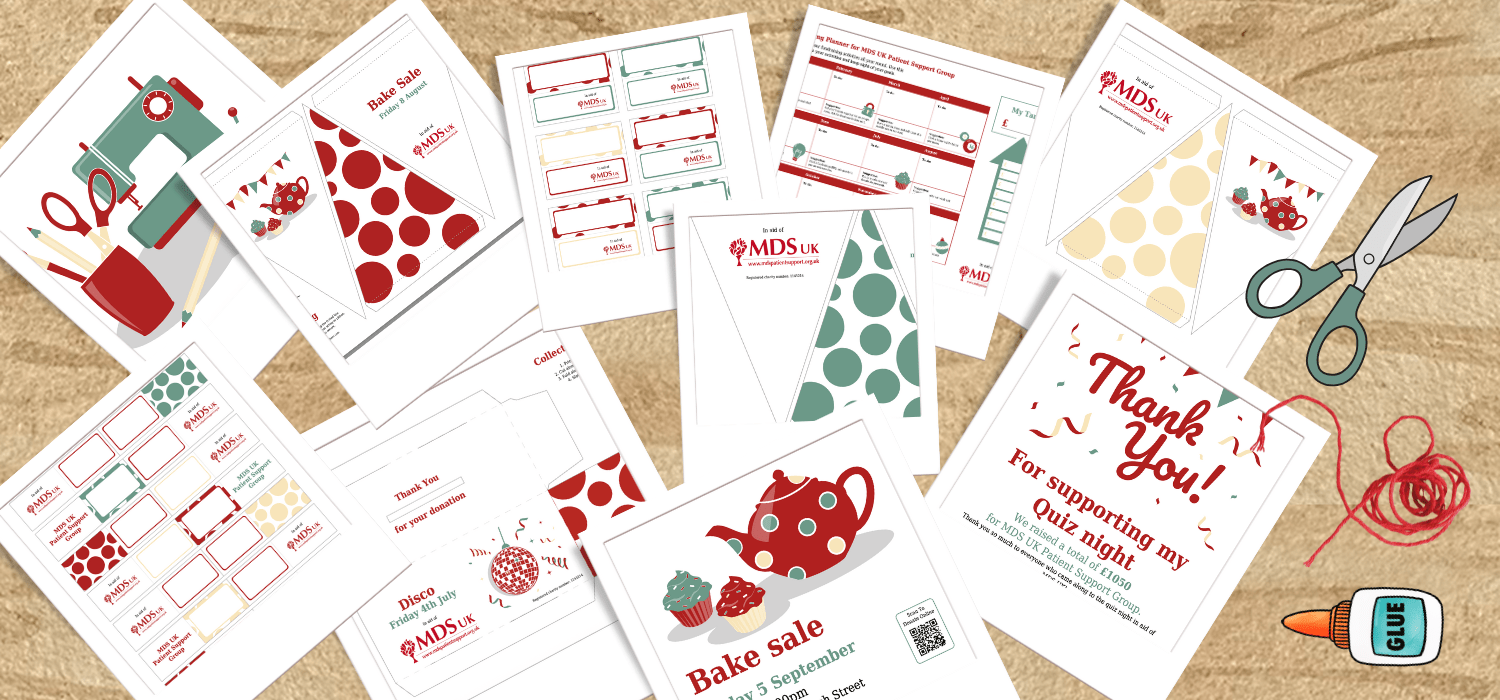 Customisable MDS UK fundraising toolkit with posters, bunting, and craft items