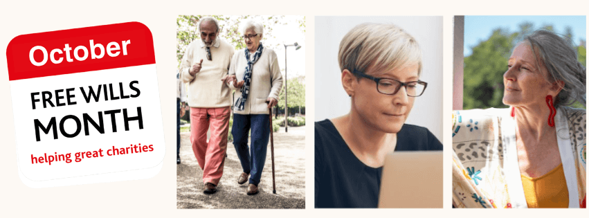 Graphic for Free Wills Month October 2025 - showing four adults of retirement age considering writing their wills with MDS UK